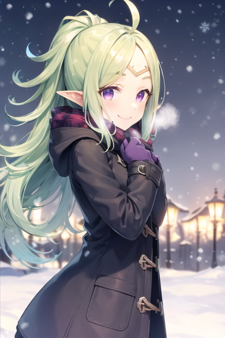 <lora:Nowi_fe-12:.7>, nowi_fe, purple eyes, light green hair, ahoge, winter coat, winter clothes, snowing, snow, cold, light smile