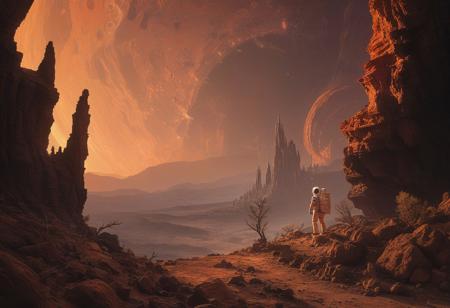 A lone astronaut stands tall at the edge of a dense alien world, framed by rugged landscape as sun sets behind him, casting warm orange glow on rustic terrain. His peaceful demeanor contrasts with the vastness of diverse trees and rocks stretching out in every direction. He gazes out at breathtaking scenery, rock cliff at his side,
masterpiece,absurdres,photorealistic,best quality