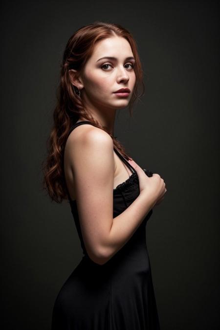 ((pitch black background)), photorealistic, perfect face, beautiful 35 year old sporty woman with curly red hair as a long braid, very elegant victorian evening gown, lost in dark romantic dreams, cute pouting, holding her head a bit down, emo style, strong freckles, very strong eyeliner, slightly diagonal from the side