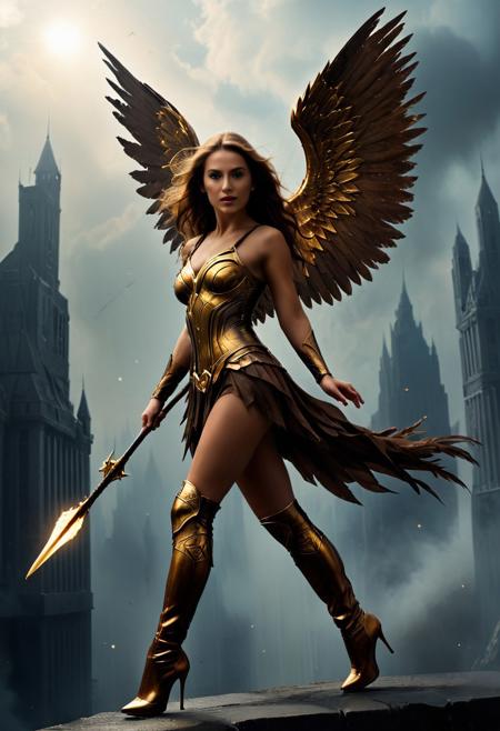score_9, score_8_up, score_7_up, 1girl flying in a superman pose, archangel, tanned skin, brown long hair, ((Huge brown wings)), (feathered wings), stiletto heels high boots, golden armour, black roses, (sparks:0.3), holding (((Longinus spear))) photography, cinematic, bokeh, dark background, front view from below, (dynamic pose, action:0.8), science fiction background, cloud city
<lora:StarkElemental01-00_CE_SDXL_128OT:0.8>