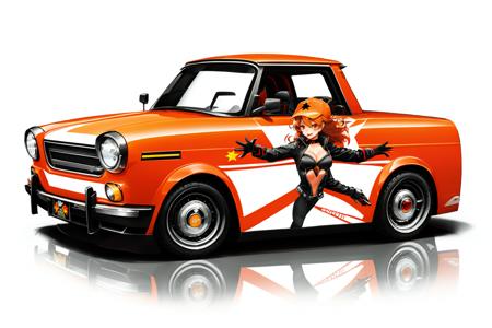 HEZI, QQ flying car design, cool styling, game racing design, vehicle focus, 1girl, ground vehicle, car, motor vehicle, gloves, sports car, breasts, fingerless gloves, solo, long hair, red eyes, cleavage, hat, orange hair, medium breasts, open mouth, red hair, black gloves, white background, cleavage cutout, jacket, looking to the side, smile, clothing cutout, orange eyes, star \(symbol\), open hand, skirt, outstretched arm, bodysuit, floating hair, large breasts, driving, simple background, baseball cap, bangs, choker, shadow<lora:qqé£è½¦è®¾è®¡-000003:0.7>,