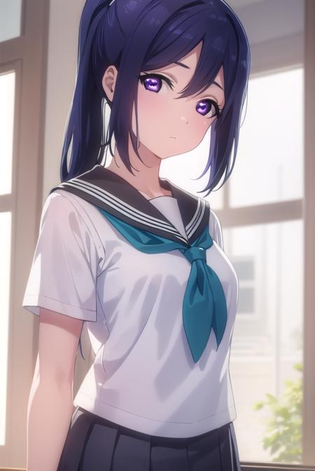 kananmatsuura, <lora:kanan matsuura s2-lora-nochekaiser:1>,
kanan matsuura, long hair, blue hair, (purple eyes:1.1), ponytail, sidelocks,
BREAK skirt, school uniform, short sleeves, pleated skirt, serafuku, socks, neckerchief, kneehighs, black socks, green neckerchief, grey skirt, uranohoshi school uniform,
BREAK indoors, classroom,
BREAK looking at viewer, (cowboy shot:1.5),
BREAK <lyco:GoodHands-beta2:1>, (masterpiece:1.2), best quality, high resolution, unity 8k wallpaper, (illustration:0.8), (beautiful detailed eyes:1.6), extremely detailed face, perfect lighting, extremely detailed CG, (perfect hands, perfect anatomy),