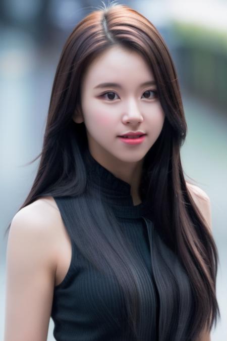 <lora:twiceChaeyoungV1:1>,Chaeyoung,1girl,woman,complex 3d render ultra detailed, smile, portrait of beautiful woman, moody portrait, striking features, beauty, intricate details, dramatic composition, tension, contrast, texture, realism, high-quality rendering, stunning art, high quality, film grain, Fujifilm XT3,swirly bokeh,(realistic, photo-realistic:1.4),RAW photo,physically-based rendering,(looking at viewer:1.4),(8k, best quality, masterpiece:1.2),(full body shot:1.2),octane render,extremely detailed CG, unity 8k wallpaper,in street,urban,city,(studio soft light,sunlight:1.1),hyper realistic detail shiny skin,ultra detailed,(standing:1.1),(a girl is wearing sleeveless:1.5),(ultra realistic:1.5),(intricate:1.1),(photorealistic:1.4),1girl,(skinny:1.3),detailed background ,(large breasts:1.2)