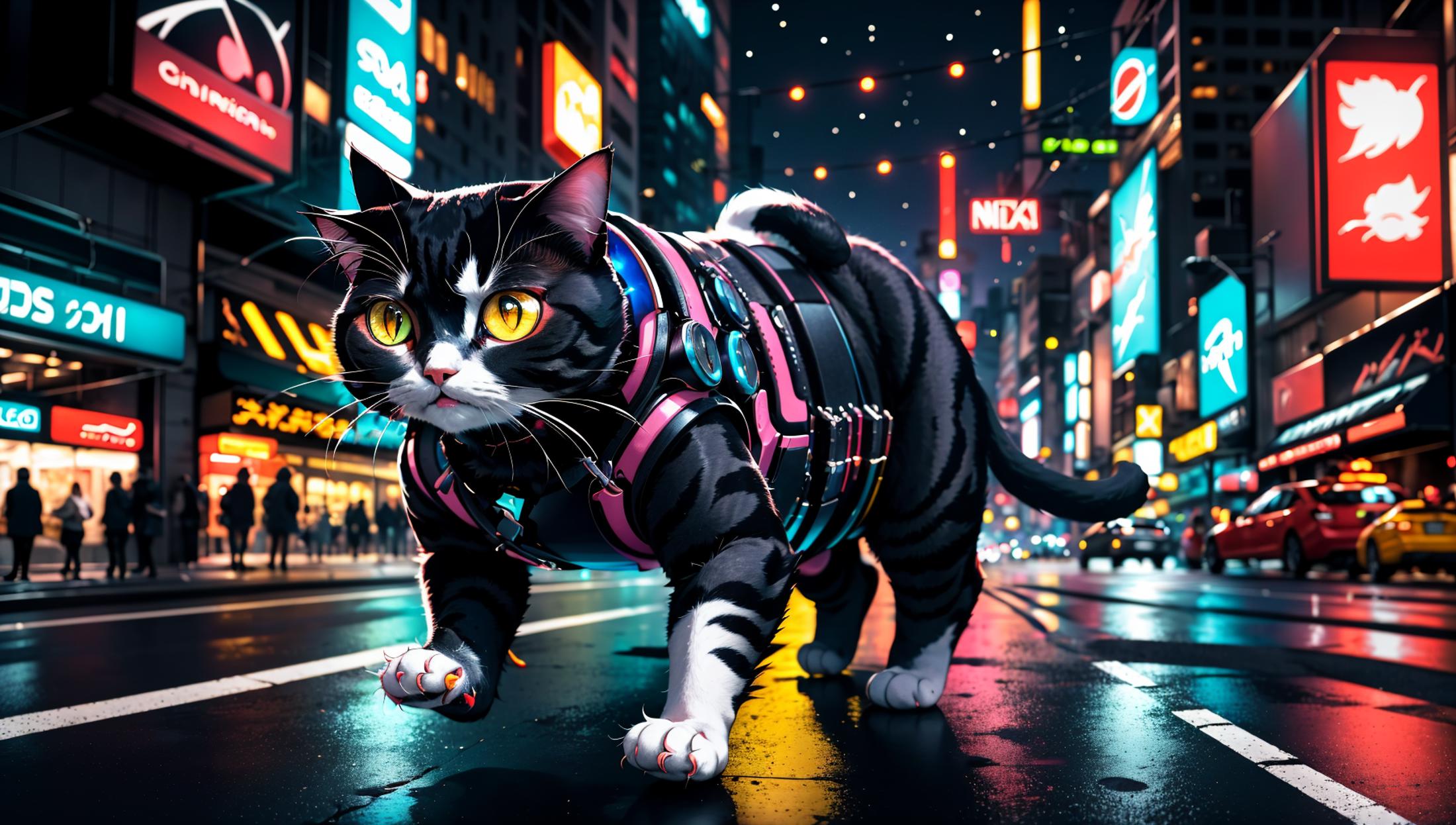 A black and white cat wearing a vest and walking down a street.