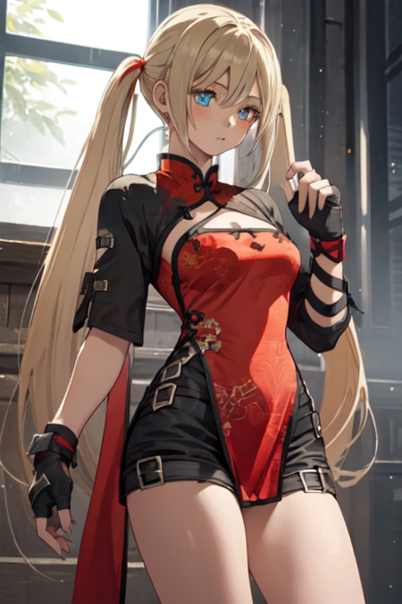 QuartzGungrave, 1girl, solo, very long hair, blue eyes, yellow eyes, heterochromia, blonde hair, fingerless gloves, dress, twintails, shorts, chinese clothes, red china dress