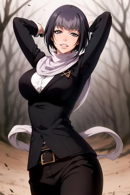 1girl, solo, outdoors, park, looking at viewer, suit, formal, belt, scarf, pants, medium breasts | big breasts, short hair, black hair, deep grey eyes, parted lips, <lora:aura-000004:0.8>, arms up, smile, arms behind head