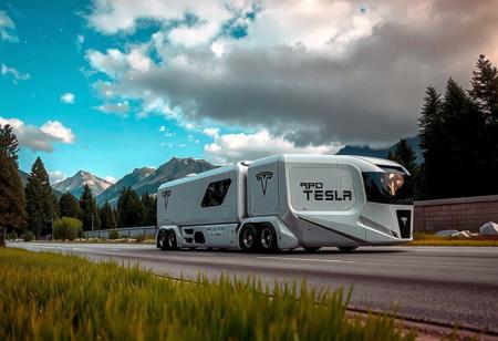 plants, trees, surrounded by trees and mountains in the background. the sky is blue with some clouds., yfg-r1gs a white tesla semi truck driving down a road with mountains in the background. the truck is surrounded by lush green grass and the sky is filled with white, with a logo on the vehicle and a cloudy sky in the background. the trailer has 8 sets of axles., yfg-r1gs a futuristic bus driving down a road with a futuristic design, surrounded by rocks and trees. the truck is part of the gmc black widow concept, with a wall in the background and a clear blue sky above., with a starry sky above.