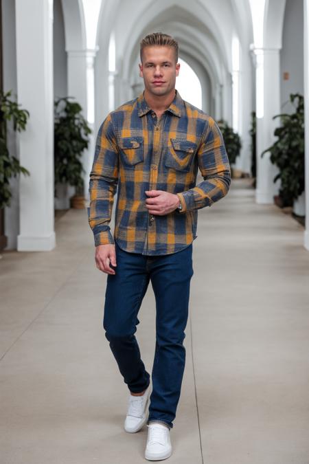 RAW Photo, full body shot photo of man matthew_rush posing in plaid shirt and blue jeans and white sneakers with blond hair standing in colorful white cathedral, <lora:matthew_rush-03:1>, 8k uhd, dslr, soft lighting, high quality, film grain, Fujifilm XT3*