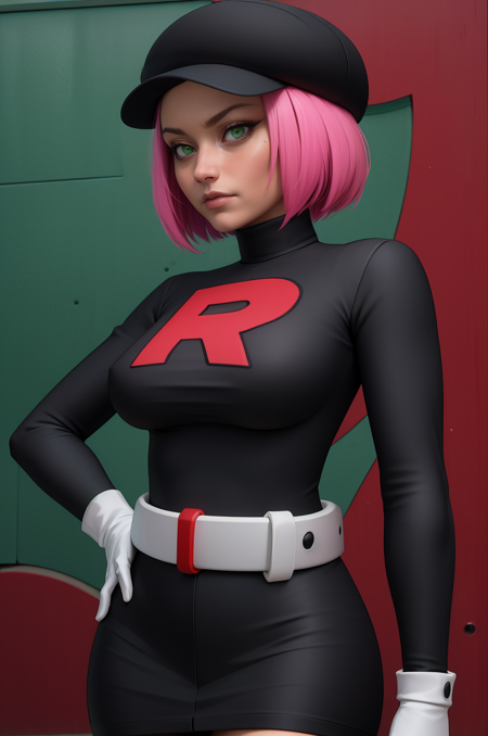 rcketgrunt,short hair,pink hair,green eyes,
black team rocket uniform,hat,belt,white gloves,black turtle neck,long sleeves,
solo,upper body,standing,serious,black miniskirt,
secret base,
(insanely detailed, beautiful detailed face, masterpiece, best quality),<lora:RocketGrunt:0.8>,