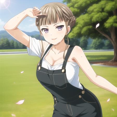 (masterpiece), high quality, highly detailed background, 1girl, solo,
<lora:NemuManaka-v1-08:0.7>, ChopioNemu, brown hair, braided bun, single hair bun, french braid, sidelocks, blunt bangs, purple eyes, looking at viewer,
large breasts, 
outdoors, sun, sunny, sun diffraction, field, grass, standing, from front, seductive smile,
dungaree, cleavage, looking at viewer, sweat, <lora:sweat_lotion_v2:0.15>, cherry blossoms, falling petals, cute pose, white shirt, strap slip,