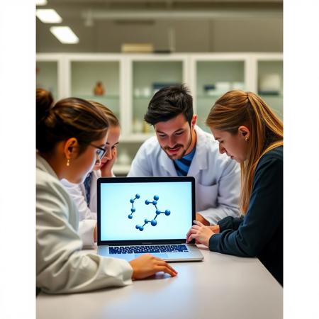 Create an image of students in a laboratory working on a laptop, looking at a molecule structure.
