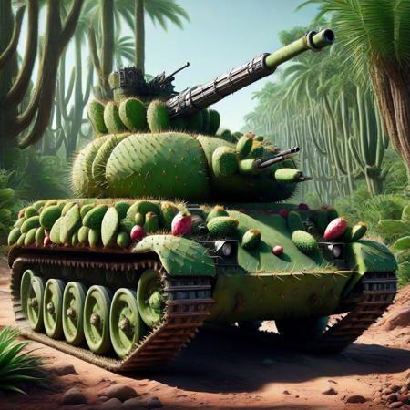 [tank]tank panzer wagon, gun barrel, driving through the jungle and desert, tech  <lora:Prickly Pear Style v1:1>, Prickly Pear Style,
