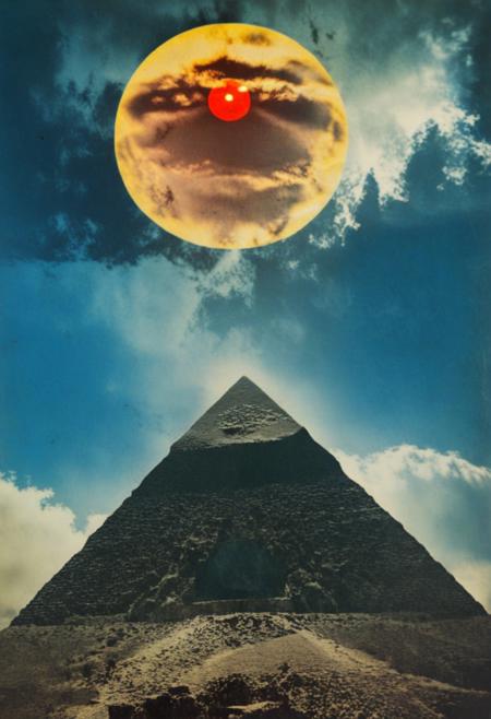 mountain, surreal,  double exposure, dark and moody ,colored all seeing eye pyramid made of ff-collage, film grain, high quality, dramatic ,poster, faint face, horror story style, sun and moon behind clouds, chromatic aberration