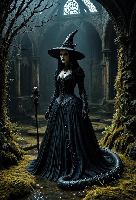 macabre style Morning, Dry Weather, A cultural heritage museum, An ethereal Atmosphere feel to the place. 
Abyssal salamander. It is a witch. 
dark, gothic, grim, haunting, 
beautiful, painterly, textural, artistic, aesthetic, 
intricate details, highly detailed, ultra-detailed, absurdres, vivid, vibrant, volumetric lighting, 
aid291, midjourneyv6.1,