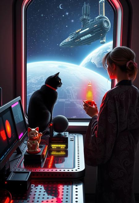 A sleek black cat with red collar sits on a cluttered metal riveted desk with transparent top and rgb led computer components visible inside, On the desk are a maneki neko statue and a lava lamp, the Black Cat is looking out of a seamless and futuristic floor to ceiling window that looks out at a planet from low orbit, (((a beautiful woman, 24 years old, is standing next to the cat looking out the window, the woman is dressed in an ornate Japanese style bath robe. An enormous deco-cyberpunk starship with futuristic lighting and an enormous space station are visible in the background among the stars, The woman's hair is messy from just waking up and tied up with a ribbon. Artistic cyberpunk, dynamic perspective, (((overall architectural aesthetic is Art Deco Cyberpunk))).  Epic image that elicits a feeling of wonder and awe,