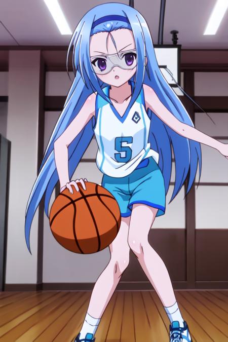 masterpiece, best quality, absurdres, ultra-detailed, indoors, <lyco:ro_kyu_bu_v4-000090:0.7>, nagatsuka saki, long hair, goggles, forehead, basketball uniform, short shorts,