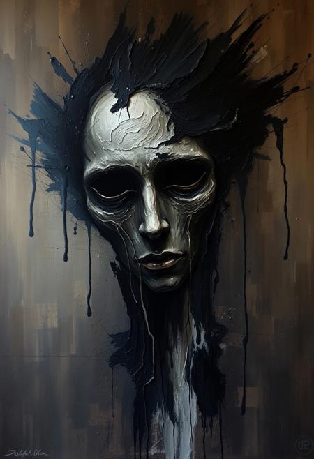 raw expressive brushwork, dark textured surfaces, deeply psychological and symbolic, muted earthy tones with deep shadows, sculptural and painterly realism, emotional distortion, existential and mystical themes, semi-abstract fluidity