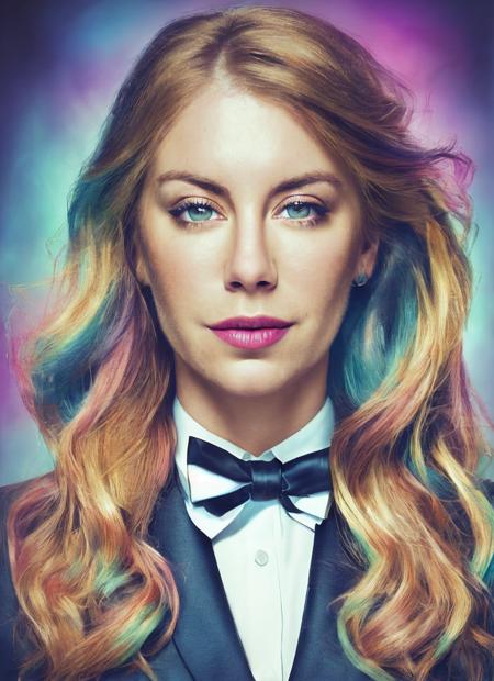 portrait of sks woman in tuxedo, (perfect eyes), energetic and colorful streams of light (photo, studio lighting, hard light, sony a7, 50 mm, matte skin, pores, concept art, colors, hyperdetailed), with professional color grading, soft shadows, bright colors, daylight, <lora:locon_jenniferholland_v1_from_v1_64_32:1.25>