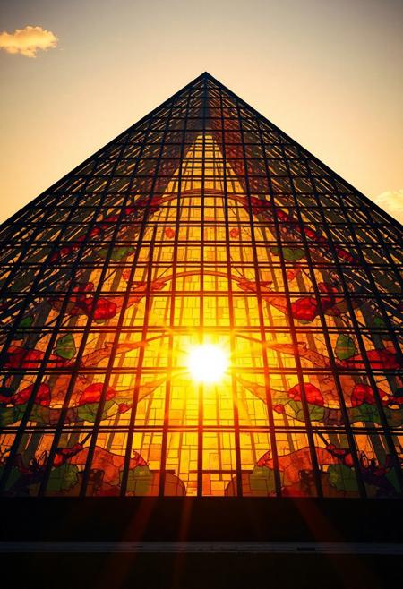 (Photorealistic photograph:1.5), looking at giant modern wide based pyramid entirely of multicolored stained glass, (sun shining through glass),sunset golden hour
