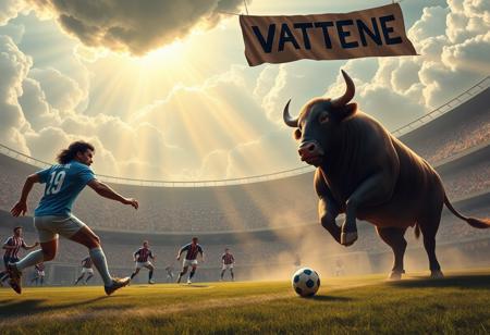 In a grand, celestial stadium filled with roaring clouds and beams of golden light, Diego Maradona, Gigi Meroni, and Valentino Mazzola are locked in an intense soccer match. Maradona, in his iconic blue Argentine jersey, moves with unmatched skill, while Meroni, in his Torino kit, dribbles with flair, and Mazzola, wearing his vintage Torino captain’s armband, commands the game with authority. The stadium is packed with a heavenly crowd, but among them are rowdy, ghostly hooligans waving scarves, shouting passionately, and banging drums, their chants echoing through the ethereal air.
A massive, burgundy bull stands just outside the field, snorting aggressively, its muscular form glowing in the light, representing raw energy and strength. Its presence adds tension, as if symbolizing the ferocity of the sport and the fans.
Above the stands, a large, hand-painted cardboard sign hangs—‘CAIRO VATTENE’—the black letters uneven and bold, echoing the frustration of fans. The hooligans, rowdy and vocal, chant in support, waving banners and flags, creating an atmosphere of protest within this heavenly arena.
The players remain focused, sweat beading on their faces, as if this match is just as critical as any they played in life. The mix of celestial beauty, the intense energy of the hooligans, the looming bull, and the rebellious protest sign creates a scene of passion, sport, and defiance