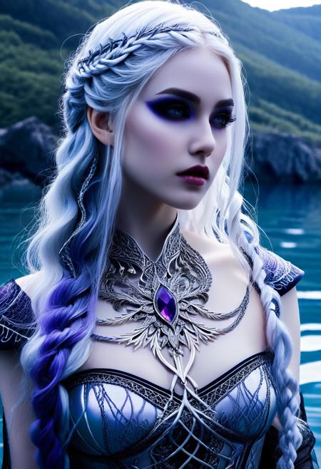 Gothic style <lora:Abstract Concept-water:0.4>,water,in style of Poseidon (Greek Myth),hydrokinesis,, 1girl,long silver-white hair pale as moonlight,Targaryen lineage,hair is worn in intricate braids,large violet eyes noted for their intensity and otherworldly quality,pale smooth skin with a creamy complexion with an almost luminous quality,striking beauty,slim and petite build, . Dark, mysterious, haunting, dramatic, ornate, detailed