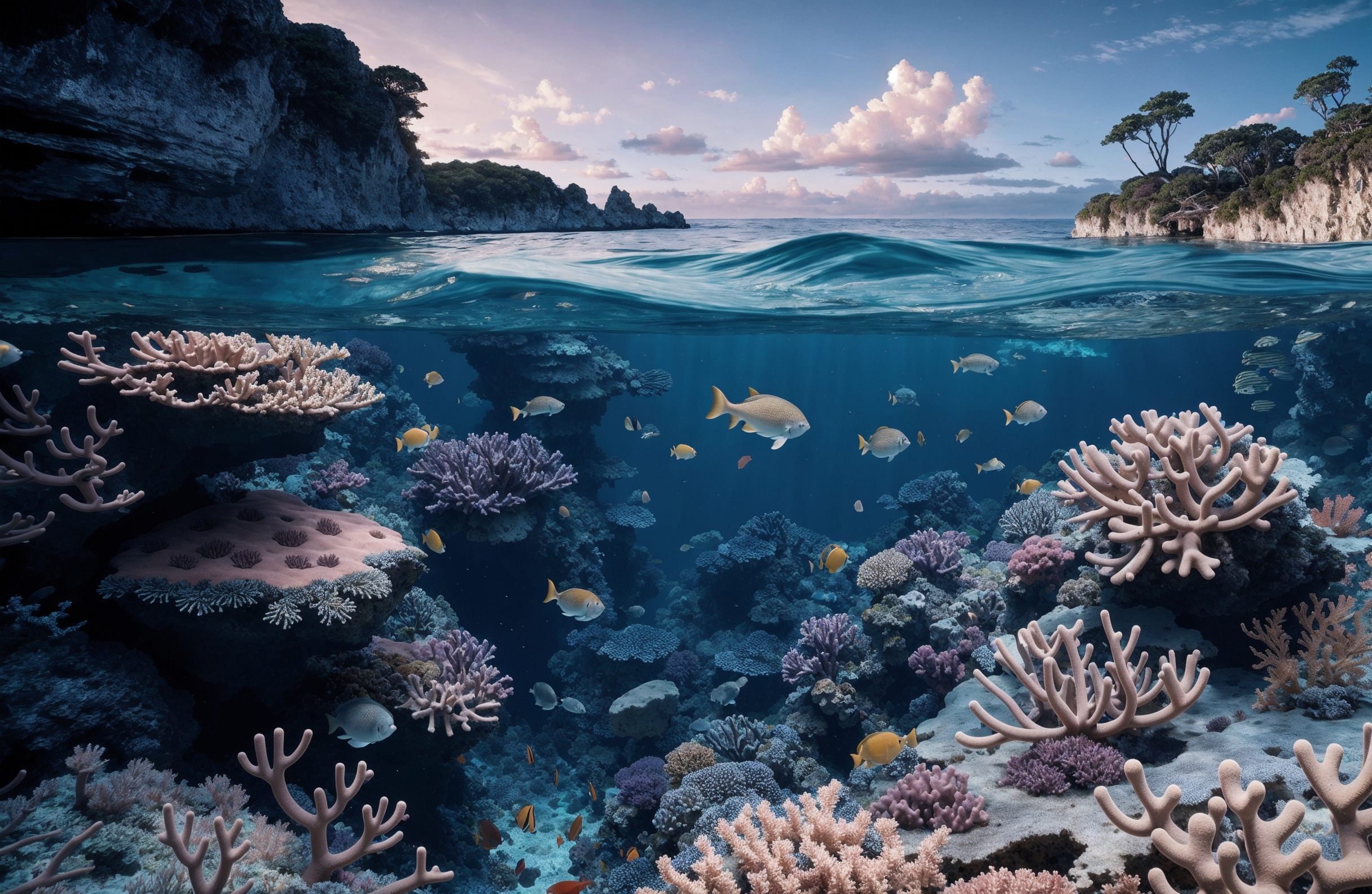 A vibrant coral reef in the ocean with diverse marine life.
