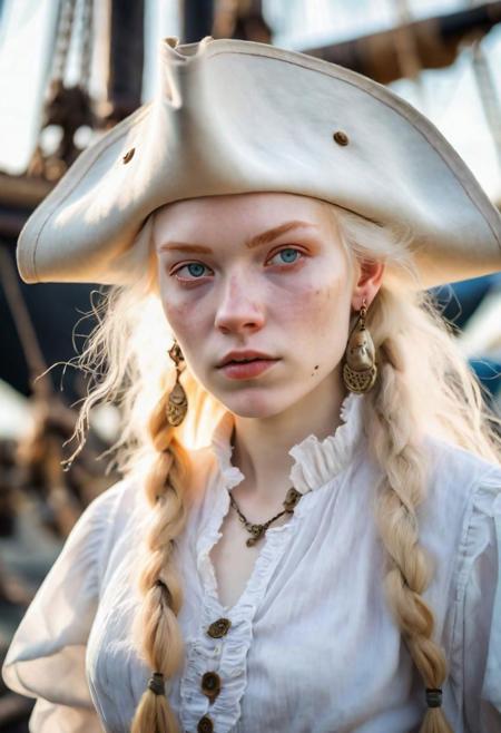 high quality image, photo raw, 8k, portrait 3/4, a 20 year old (woman.1.5), 16th century pirate, a woman with albino skin, light eyes, long white hair, brown pirate hat, several hoop earrings, white buccaneer blouse, wide pants vintage, the shirt is dirty and torn by battles, serious and threatening face, penetrating gaze, he is on the bridge of a pirate ship, sunset, volumetric light, realistic ligh, canon eos 5d, 200 mm lens, f2, hdr, uhd