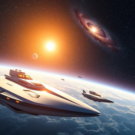 Create a vibrant and inspiring Cosmonautics Day image that reflects the future of cosmonautics. The foreground shows modern spaceships that look futuristic and sunny, with smooth lines and bright lights. Small ships are moving around them.
In the background, you can see a magnificent starry sky with a huge star and a galaxy. 
The lighting should be bright and optimistic, creating an atmosphere of hope and openness.