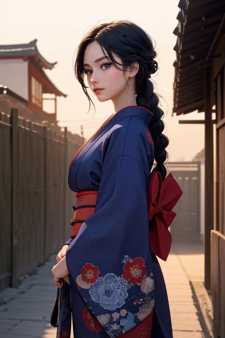 1girl, Adult, (nfsw: 1.2), full lips, big clear eyes, half smile, dark blue eyes, black hair, (single braid: 1.2), Medium breast, broad shoulders, small waist, wide hips,
 ((color kimono, red kimono)), wide sleeves, long sleeves, obi, sash, floral print, epitomizing an elegant and seductive aesthetic, from below, low angle shot, outside, in a jappaneese village, 
(intricate, highly detailed, 8K, masterpiece), soft tones,