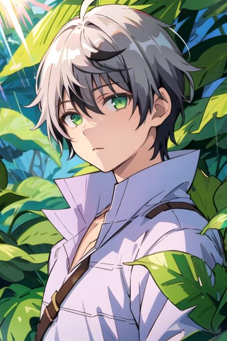 masterpiece, best quality, illustration, 1boy, solo, male focus, looking at viewer, upper body, depth of field, <lora:rein_shroud:0.72>, rein_shroud, grey hair, green eyes, two-tone hair, black hair, raincoat, , A tropical paradise where the sun shines brightly every day,