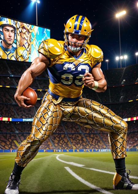 full shot, action pose, muscular man wearing a football helmet, wearing a yellow (snakeskin:1.3) american football uniform, in a football stadium, <lora:snakeskin_clothes:1>