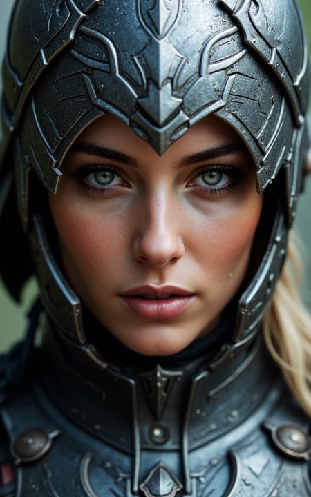 close-up, detailed face, female warrior, angular metal helmet, etched designs, glimmering armor, piercing eyes, sharp facial features, detailed skin, pristine metallic textures, photorealistic lighting, seductive but powerful expression, intense gaze








fmlas-mk.1