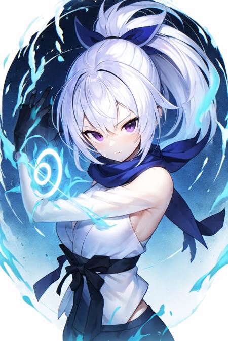 upper body, 1girl, white hair, ponytail, purple eyes, (ninja), short sword, medium breats ,scarf, wallpaper, magic circle background, light particles, blue fire,