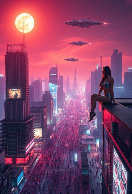 (Soft Lighting Photography by Mimoza Veliu and Mario Giacomelli:1.2), NSFW, showcasing a bustling futuristic metropolis under a neon-lit sunny sky. A woman in sleek, high-tech clothing sits on the edge of a highrise rooftop on the right side, gazing down at the lively street far below, filled with people in futuristic outfits illuminated by glowing holographic advertisements. Above her, advanced space ships ascend toward the stars, their lights cutting through the vivid urban glow. The cityscape features towering skyscrapers with vertical gardens and intricate architecture, blending nature and technology seamlessly, while the air thrums with the energy of human innovation and ambition., sexy, dynamic poses,
