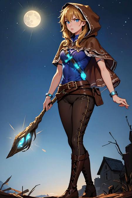 spellthieflux hood, capelet, blue shirt, belt, bracelet, glowing, brown pants boots