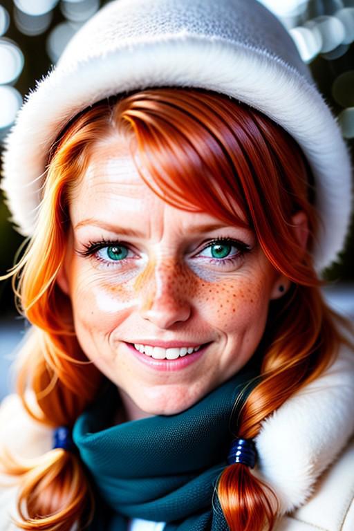 Closeup portrait of \(waifu: Claire\), wearing a white scarf and a blue coat, outdoors, winter, daylight, snowing, Claire, freckles, ginger