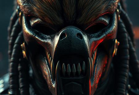 8K UE5/Octane close-up of a hyper-detailed grimdark predator mask with fur-textured brown/black surface, razor teeth, and gold-buckled straps. Cinematic 3-point lighting (warm key/cool fill/blood-red rim), nanite geometry for micro-details, ray-traced metal reflections. Kodak grain, chromatic aberration, custom LUT. #Grimdark #ConceptArt
