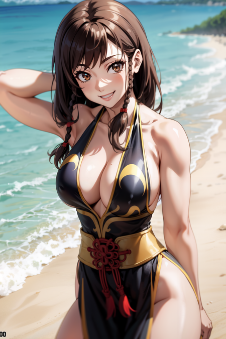 chun-li, brown eyes, brown hair, alternate hairstyle, braid, alternate costume, black dress, cleavage