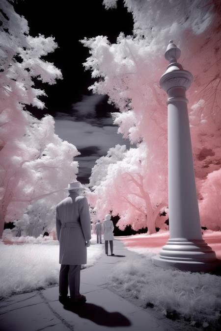 <lora:Infrared Photos:1>Infrared Photos - Compose a dramatic infrared photograph, with the camera positioned at a low angle, capturing a nighttime scene of people and objects, revealed by their heat signatures, surrounded by the unseen world of darkness, illuminated by the soft, ethereal glow of infrared lighting.