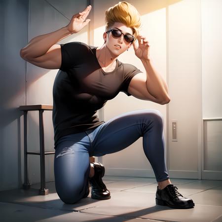 ((masterpiece, best quality)),(complex lighting), solo, full body, 1boy, johnny bravo, dark sunglasses, black shirt,  <lora:johnnyBravo1-10:0.6>, denim pants,