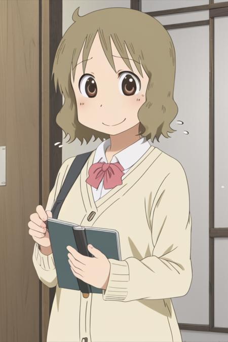 anime screencap, ncjstyle, solo, sakurai izumi, adult female, 1girl, large breasts, brown eyes,  brown hair, cardigan, (flying sweatdrops:1.2), holding, holding notebook, looking at viewer, notebook, short hair, smile, solo, upper body, watch, wristwatch