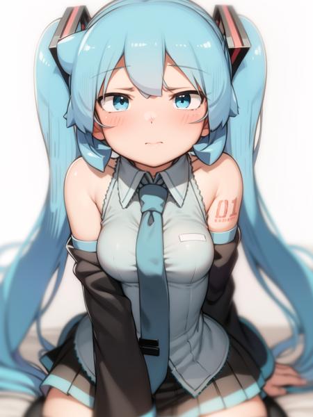 1girl, aqua eyes, aqua hair, hatsune miku, grey shirt, detached sleeves, twintails, shoulder tattoo, necktie, black thighhighs, pleated skirt
<lora:abmono4_dim_64_fro:1>