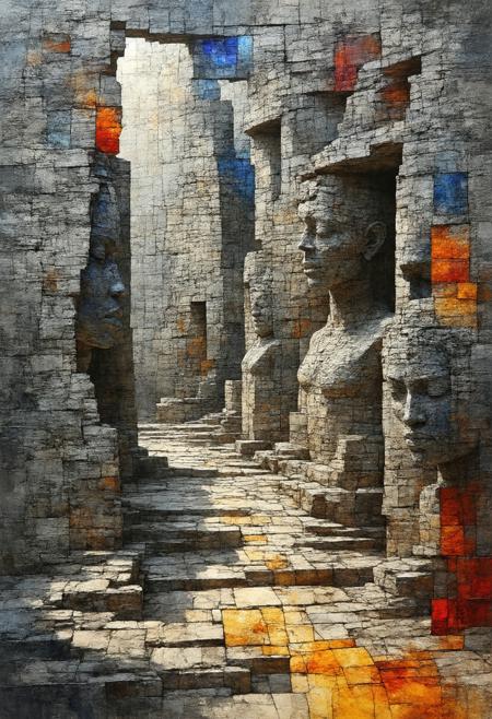 Visualize a vibrant, fractured vision of the Great Zimbabwe ruins, rendered in a Cubist style reminiscent of African textiles and stained glass. Imagine the stone walls and towers broken into geometric shards, reassembled in a dynamic, multi-perspective composition. Sunlight penetrates the fractured structures, casting dramatic shadows and illuminating intricate carvings depicting ancestral spirits and mythical creatures. The color palette draws from the warm earth tones of the landscape, contrasted with the bold blues, reds, and yellows of traditional Shona art. Photorealistic details should be reserved for the faces of the spirits and the textures of the weathered stone, intensifying the contrast with the fragmented, Cubist structure. Convey a sense of historical grandeur, spiritual significance, and the enduring legacy of a lost civilization. Render in 8k resolution, emphasizing volumetric lighting and intricate details to create a mesmerizing and evocative atmosphere.