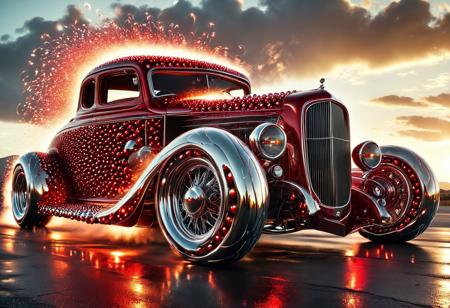 a blazing red hot rod made entirely from reflective metal balls, speeding toward the viewer with glowing headlights and chrome flames trailing behind. The car’s sleek curves and aerodynamic body are shaped from tightly packed spheres of polished steel and red-tinted chrome. Dust and sparks fly around the tires as it races on a dark road under a dramatic sky. Retro-futuristic energy, intense motion blur, light streaks across the frame. High-detail CGI render, 8K, photoreal metal reflections, cinematic lighting, sci-fi reinterpretation of a classic 1930s hot rod, vibrant and iconic.