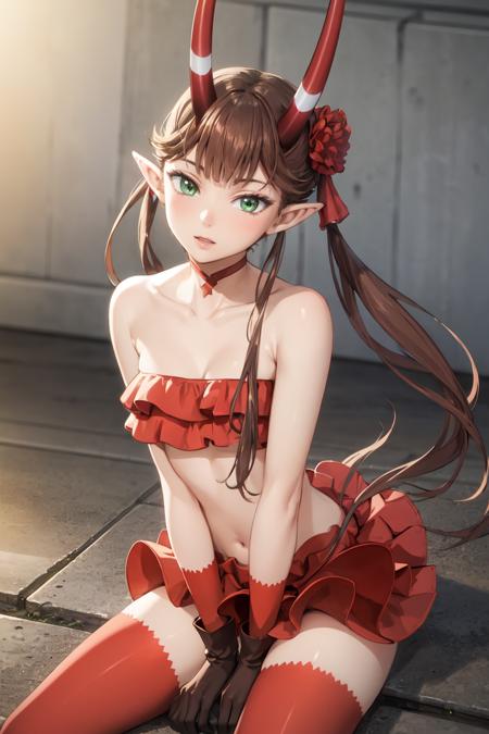 msyu, long hair, twintails, pointy ears, horns, hair flower, red gloves, red thighhighs tube top, strapless, red skirt, red choker