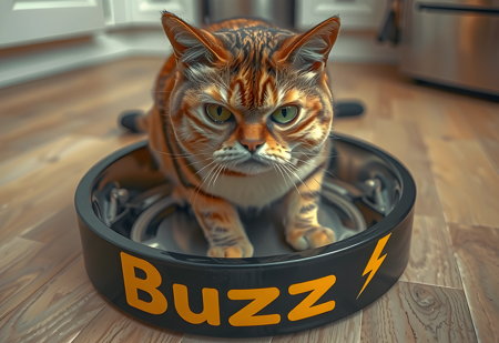 A grumpy looking cat on the floor in a kitchen, his front paws are in an empty cat dish. 

The cat dish is black and has "Buzz" written on it in bright yellow text with a lightning bolt on to the right. 

The shot is angled from above to clearly show the cat and the entire inside of the dish. 