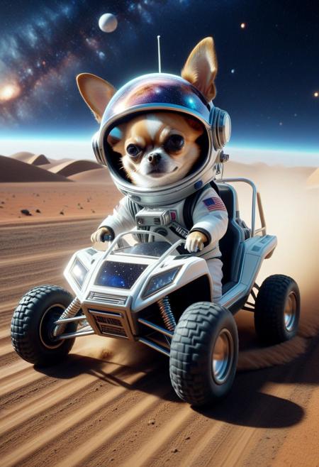 (made of CosmicStyle:1.3),  CosmicStyle, from side, closeup cute small 4WD buggy made of CosmicStyle, astronaut chihuahua driving, wear round goggles, wear animal ears helmet, wear CosmicStyle astronaut suit, run through on space planet dirt road, Dust, (surround by buggys:1.2), space, galaxy, cinematic, cinematic lighting, (masterpiece, best quality:1.4), ultra-high res, 4k, Photorealistic, insanely detailed, sfw,
