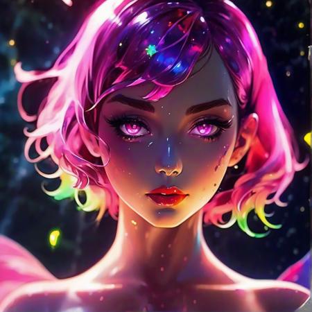 sexy girl in pink underwear and flirty, red lipstick, black bra, rainbow glowing hair, anime girl with moss And mold around her, detailed portrait, close up, space background behind her, dripping liquid metal leaf's around her, roses flourishing around her, close up of face, beautiful sparklin makeup, glowing eyes