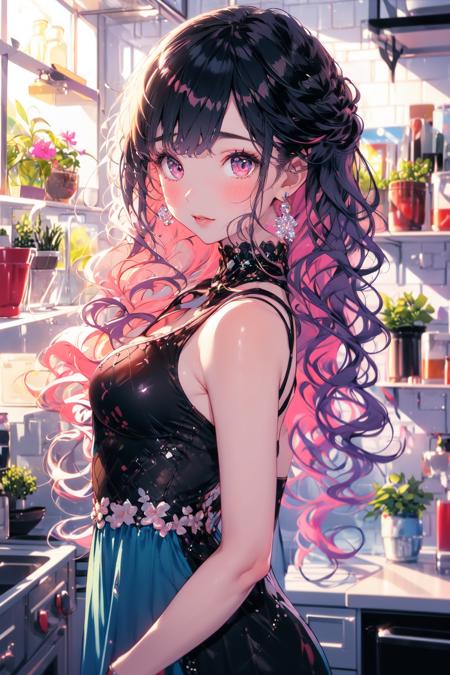 (masterpiece:1.2), best quality,PIXIV,Colorful portraits, 
1girl, solo, long hair, looking at viewer, jewelry, earrings, indoors, bangs, dress, blush, plant, multicolored hair, upper body, shelf, pink eyes, window, potted plant, flower, closed mouth, from side, wavy hair, bare shoulders, sleeveless, pink hair, kitchen, breasts, blue dress
<lora:Colorful portraits_20230715165729-000018:1>