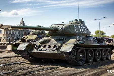 Tan t34 racing down the street,  shooting, day time, High Detail, Sharp focus, ((photorealism)), realistic, best quality, 8k, side view, sun in the sky